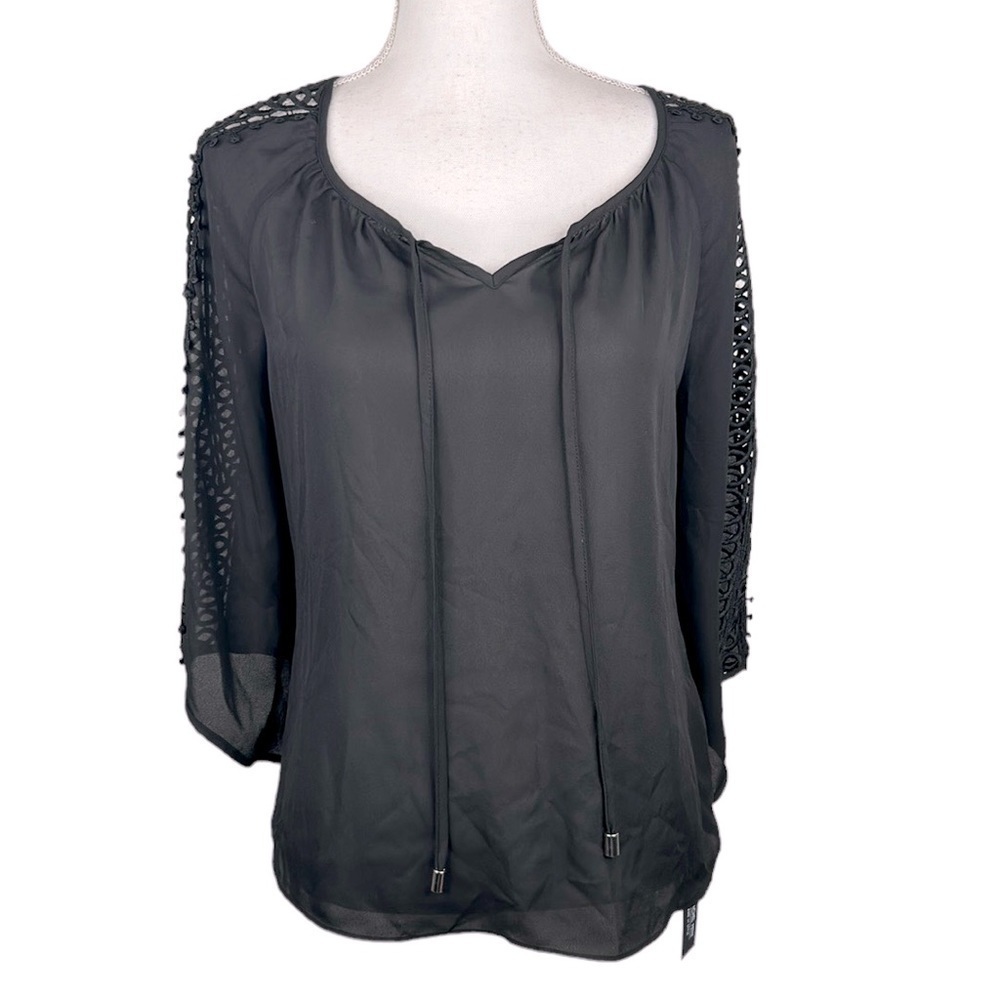 Zac & Rachel Black Boho Embroidered Flowy V-Neck Top Size Small Petite New!
